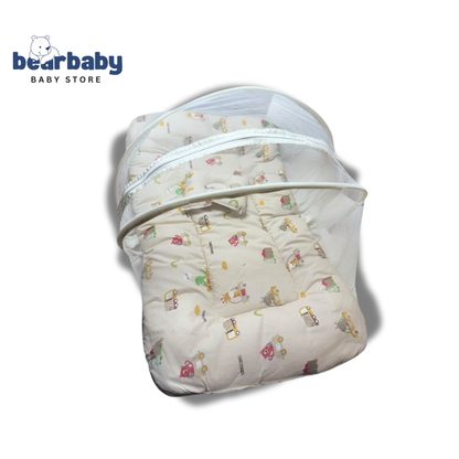 Baby Bed with Thick Mattress & Mosquito Net & Neck Pillowwith Zip Closure-Animal Print