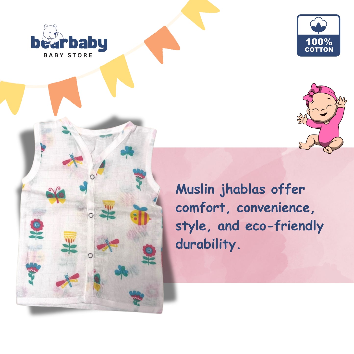 Baby Unisex Organic Cotton Muslin  Sleevless Jhabla & Payjama Set - Size 3m-6m- Bee Print