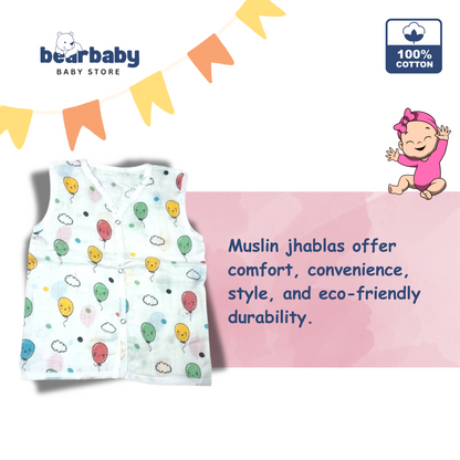 Baby Unisex Organic Cotton Muslin  Sleevless Jhabla & Payjama Set - Size 9m-12m-Balloon Print