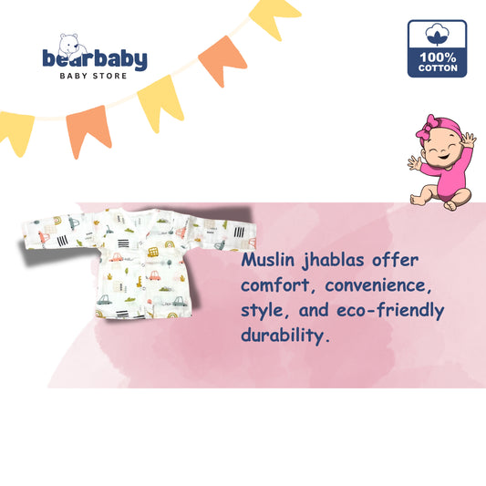 Newborn Organic Muslin Jhabla & Pajama Set  Sleeveless - Size 6m-9m-Car Print