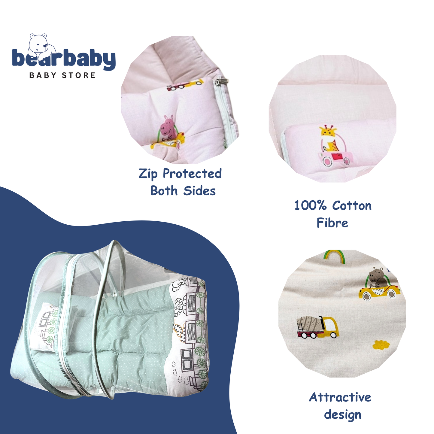 Premium EmbroideryBaby Bed with Thick Mattress & Mosquito Net & Neck Pillowwith Zip Closure