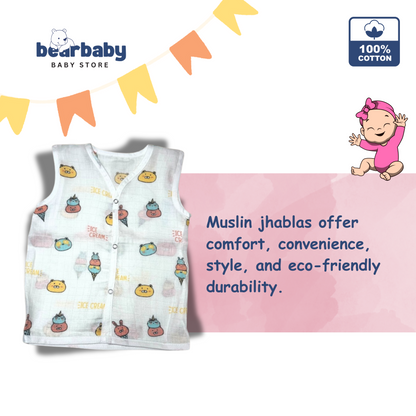 Baby Unisex Organic Cotton Muslin  Sleevless Jhabla & Payjama Set - Size 3m-6m-Ice cream Print
