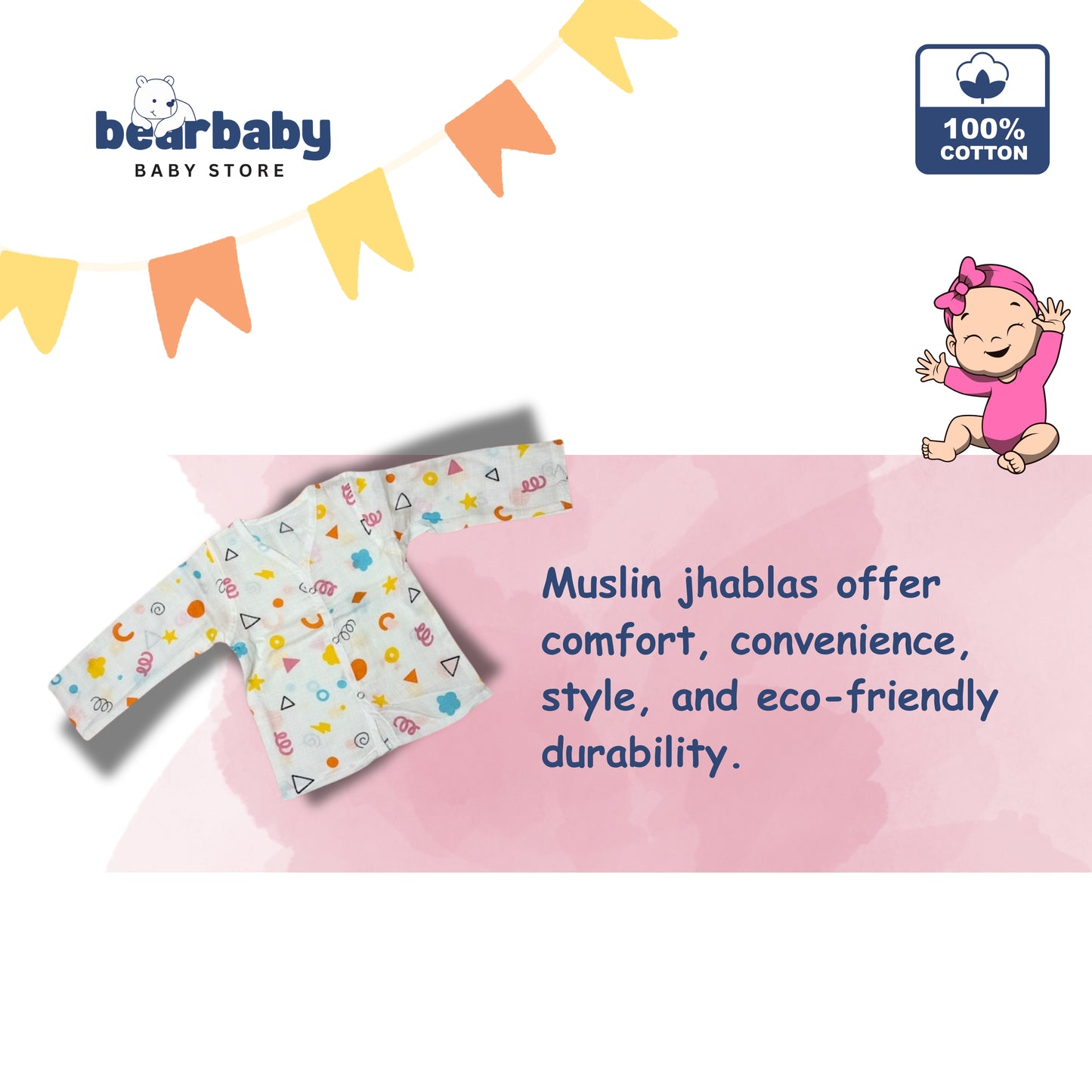 Baby Unisex Organic Cotton Muslin Full Sleeves Jhabla & Payjama Set - Size 9m-12m-Shape Pattern