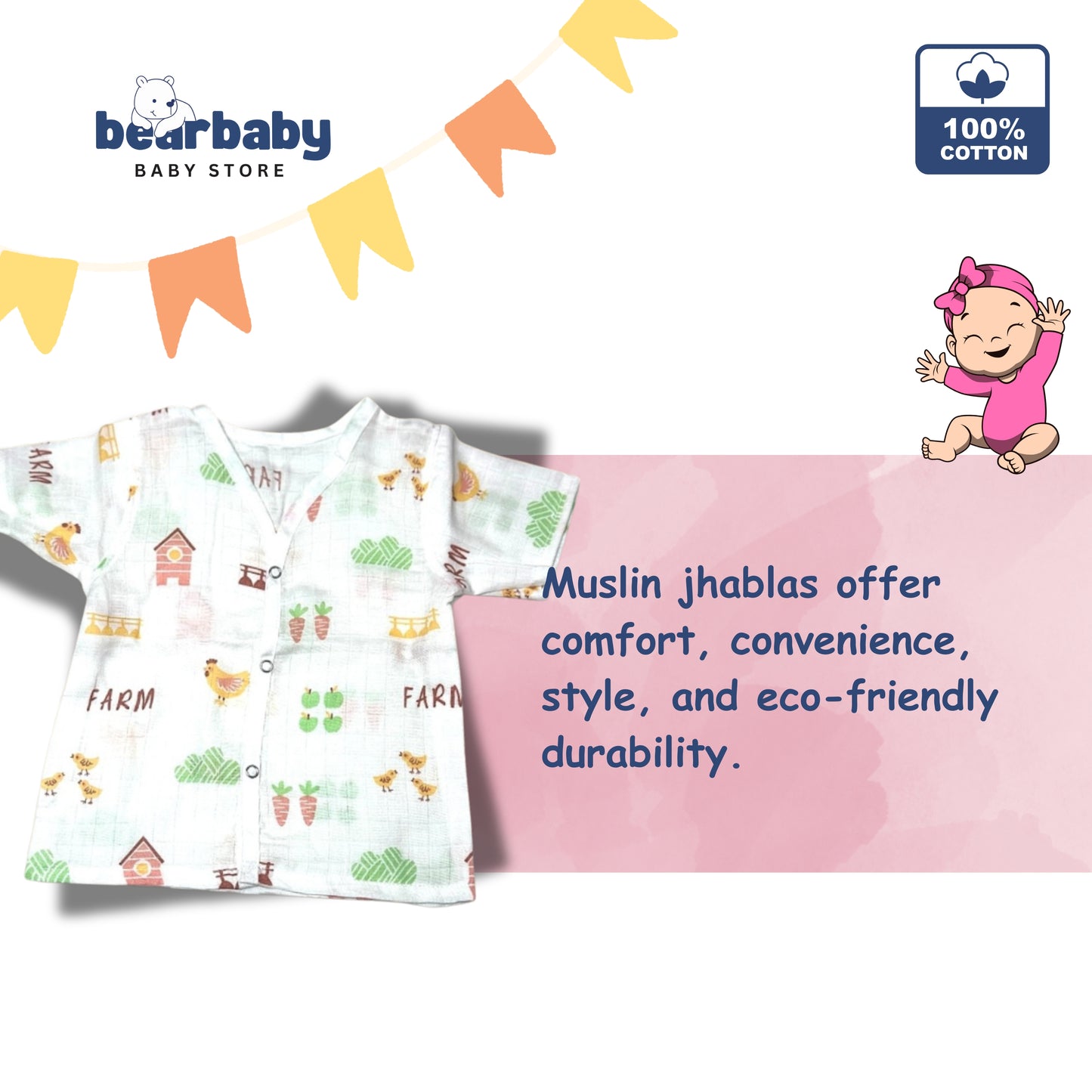 Baby Unisex Organic Cotton Muslin  Half Sleeves  Jhabla & Payjama Set - Size 6m-9m-Farm Print