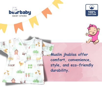 Baby Unisex Organic Cotton Muslin  Half Sleeves  Jhabla & Payjama Set - Size 6m-9m-Farm Print