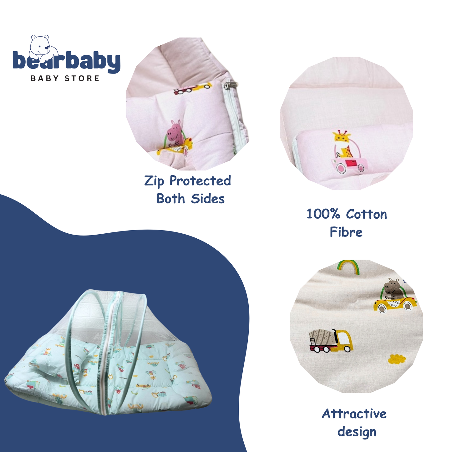 Baby Bed with Thick Mattress & Mosquito Net & Neck Pillowwith Zip Closure-Animal Print