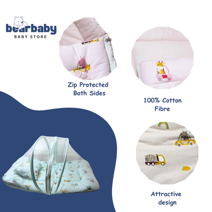 Baby Bed with Thick Mattress & Mosquito Net & Neck Pillowwith Zip Closure-Animal Print