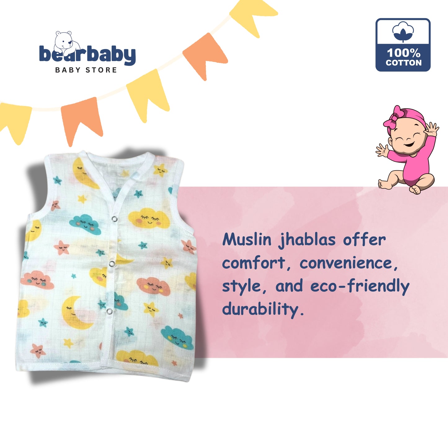 Baby Unisex Organic Cotton Muslin  Sleevless Jhabla & Payjama Set - Size 3m-6m-cloud Print
