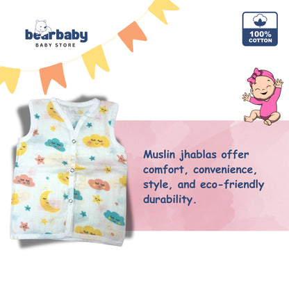 Baby Unisex Organic Cotton Muslin  Sleevless Jhabla & Payjama Set - Size 3m-6m-cloud Print