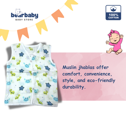 Baby Unisex Organic Cotton Muslin  Sleevless Jhabla & Payjama Set - Size 9m-12m-Star Print