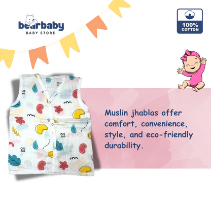 Baby Unisex Organic Cotton Muslin  Sleevless Jhabla & Payjama Set - Size 9m-12m-Star Print
