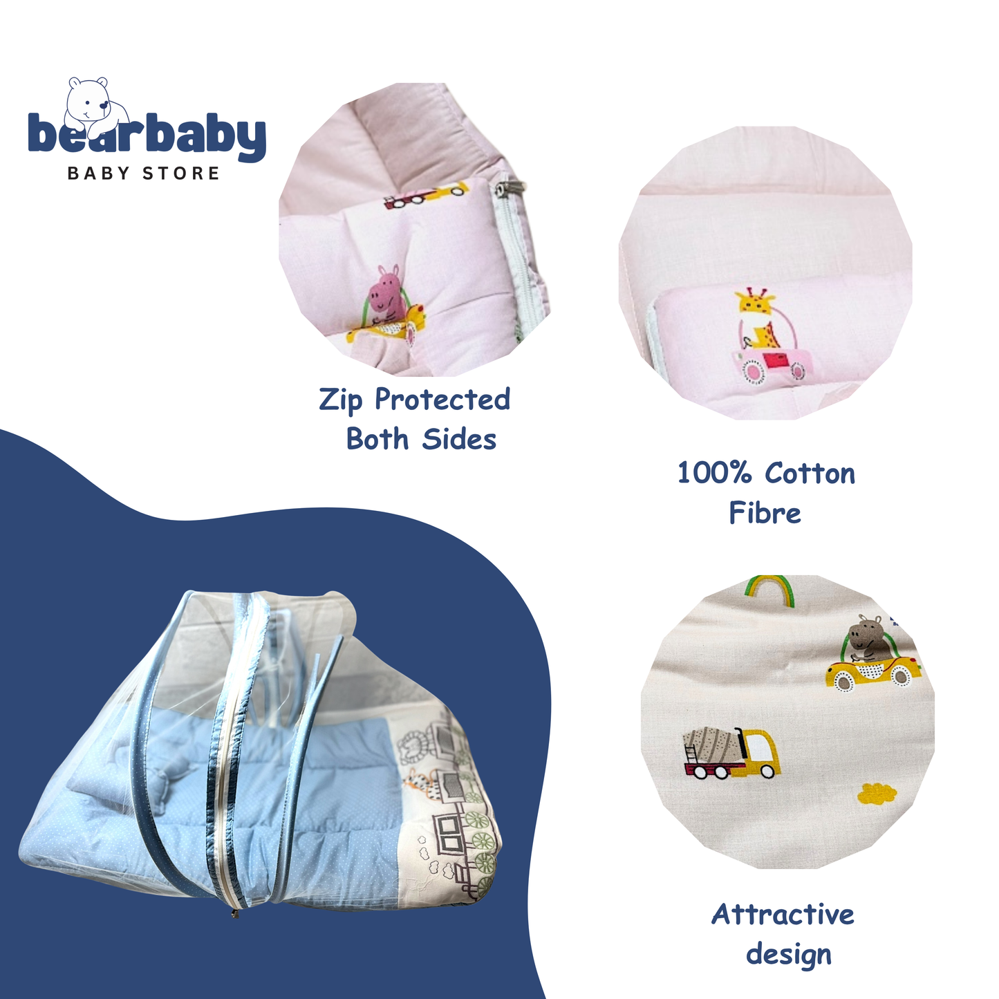 Premium EmbroideryBaby Bed with Thick Mattress & Mosquito Net & Neck Pillowwith Zip Closure