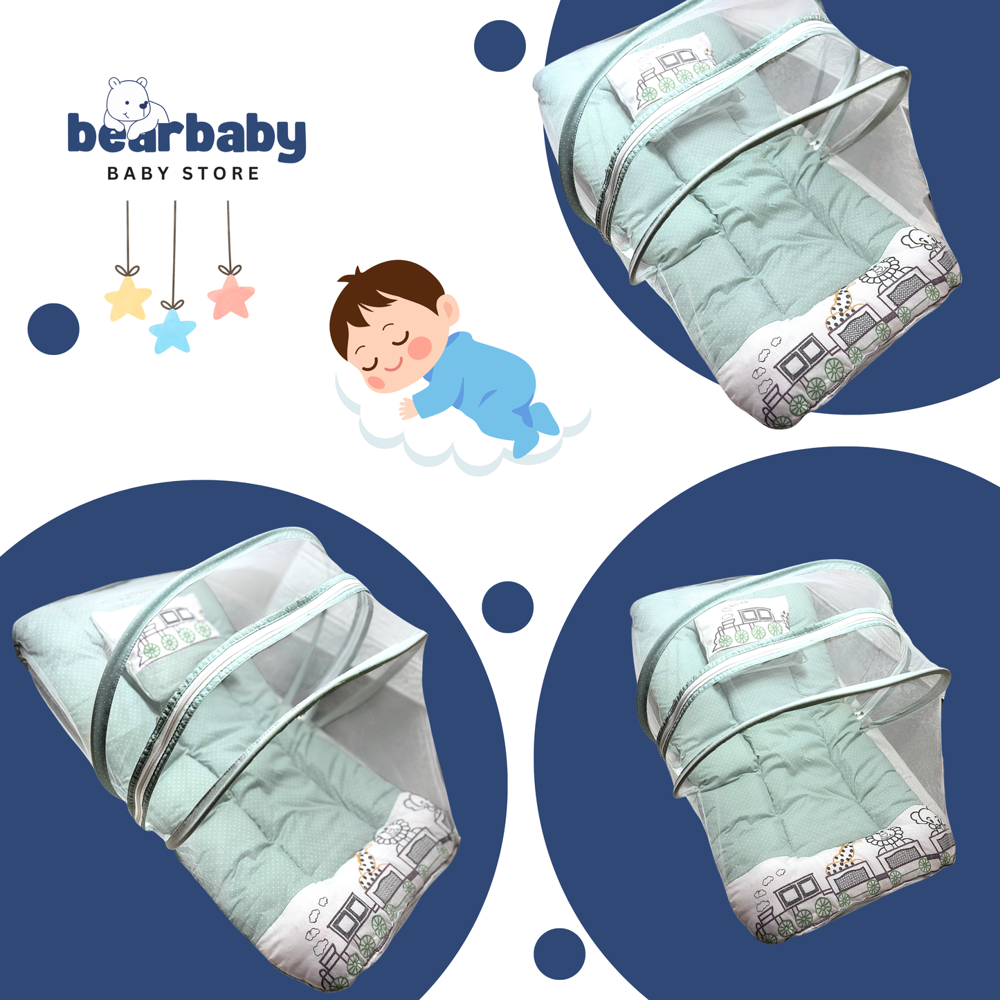 Premium EmbroideryBaby Bed with Thick Mattress & Mosquito Net & Neck Pillowwith Zip Closure