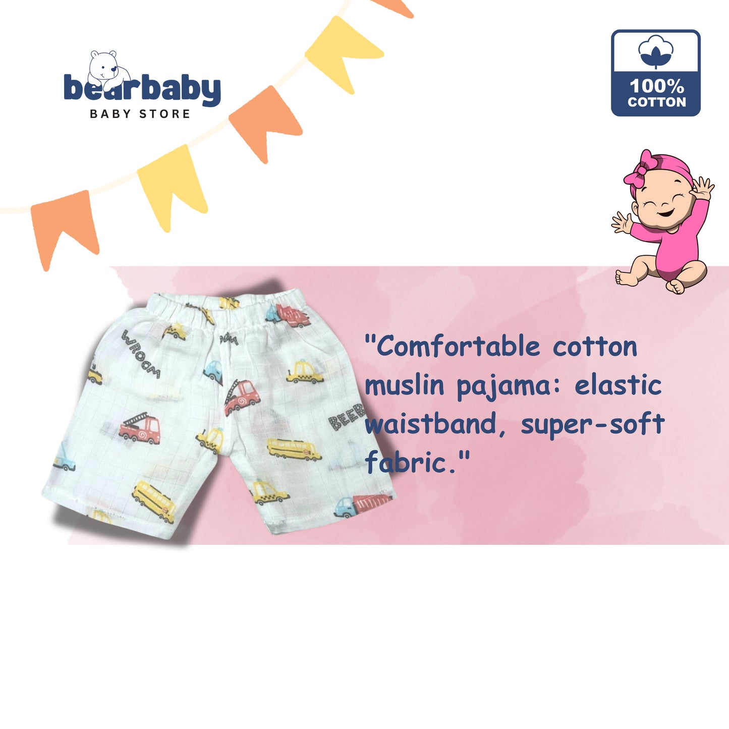 Baby Unisex Organic Cotton Muslin  Sleevless Jhabla & Payjama Set - Size 3m-6m-Truck Print