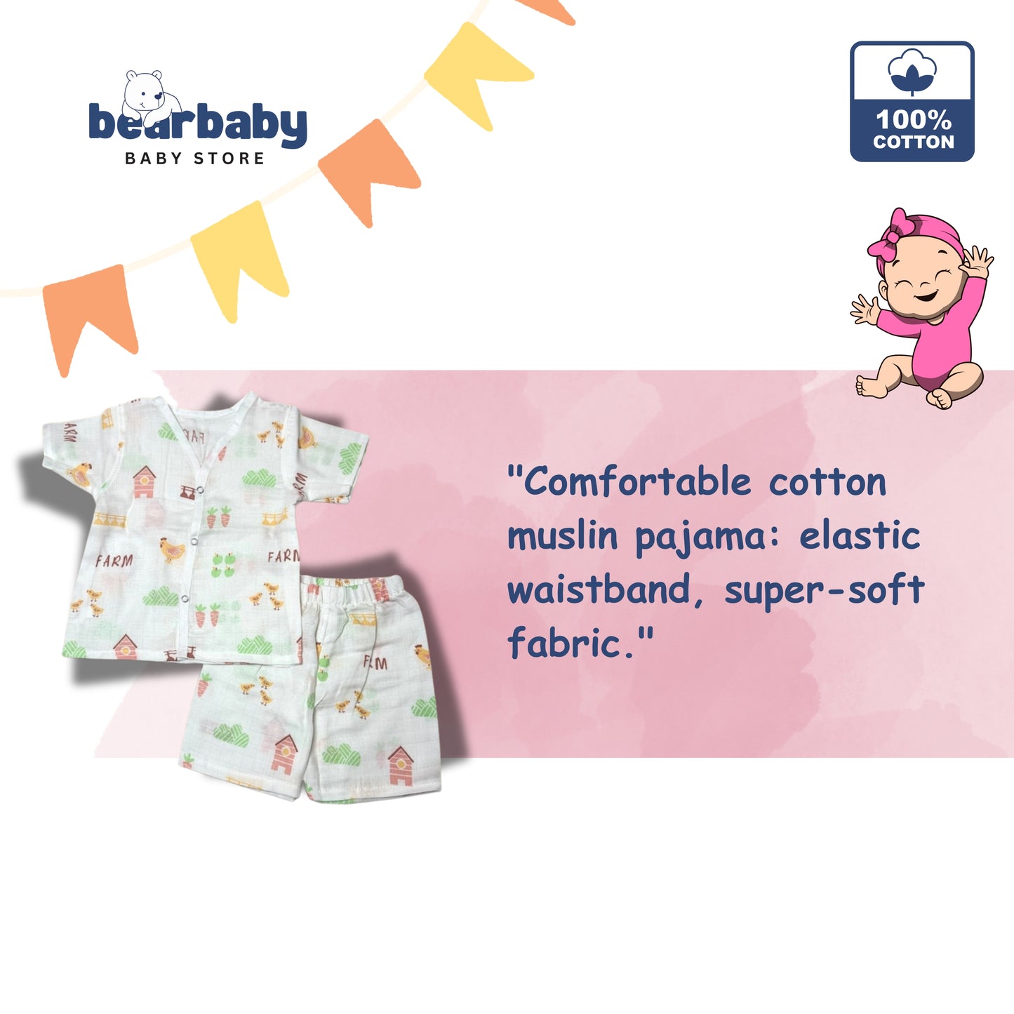 Baby Unisex Organic Cotton Muslin  Half Sleeves  Jhabla & Payjama Set - Size 6m-9m-Farm Print