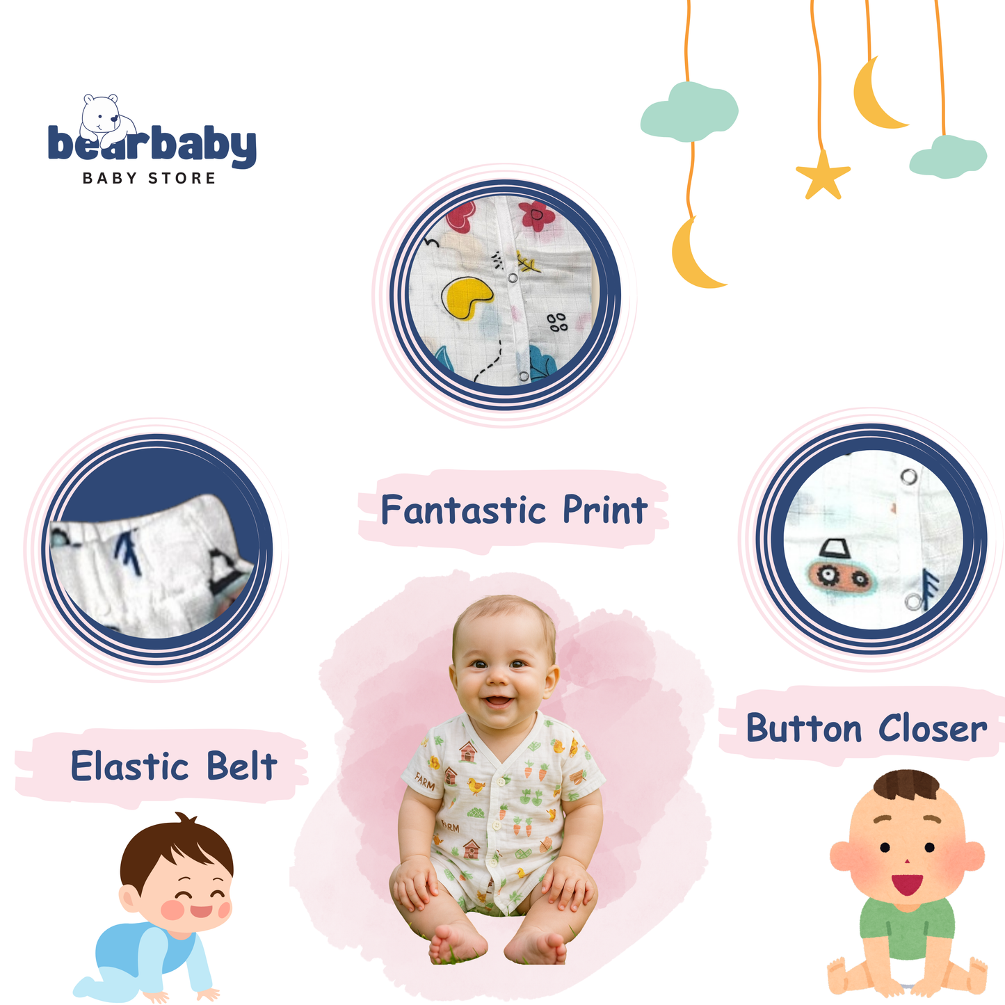 Baby Unisex Organic Cotton Muslin  Sleevless Jhabla & Payjama Set - Size 9m-12m-Star Print