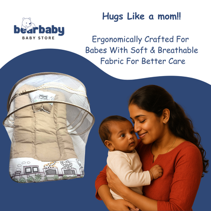 Premium EmbroideryBaby Bed with Thick Mattress & Mosquito Net & Neck Pillowwith Zip Closure