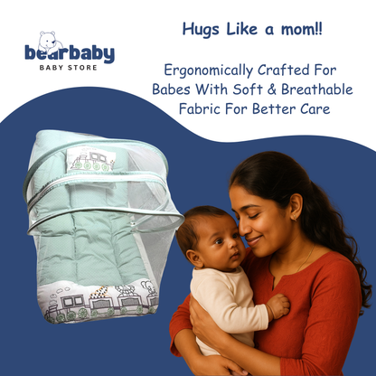 Premium EmbroideryBaby Bed with Thick Mattress & Mosquito Net & Neck Pillowwith Zip Closure