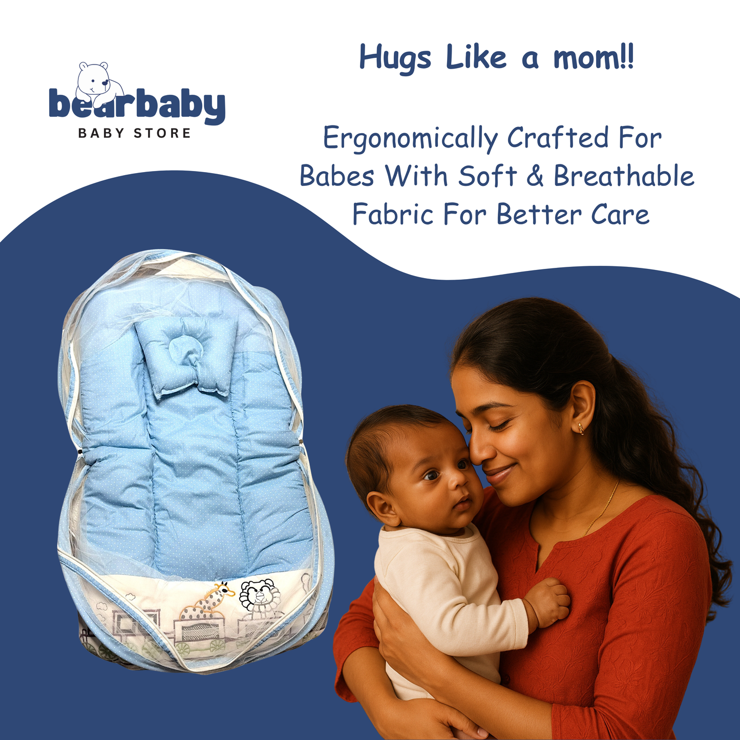 Premium EmbroideryBaby Bed with Thick Mattress & Mosquito Net & Neck Pillowwith Zip Closure