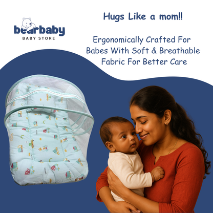 Baby Bed with Thick Mattress & Mosquito Net & Neck Pillowwith Zip Closure-Animal Print