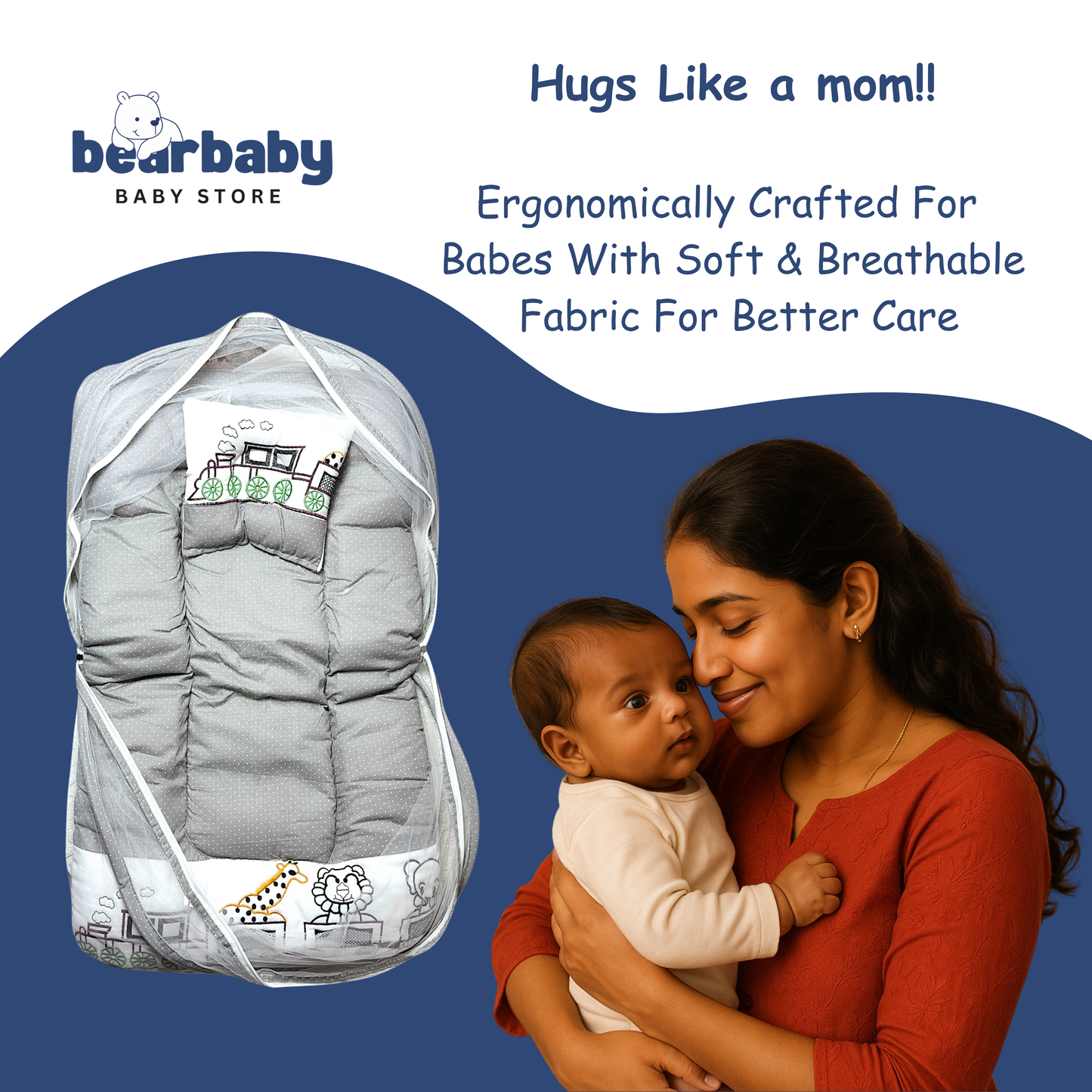 Premium EmbroideryBaby Bed with Thick Mattress & Mosquito Net & Neck Pillowwith Zip Closure