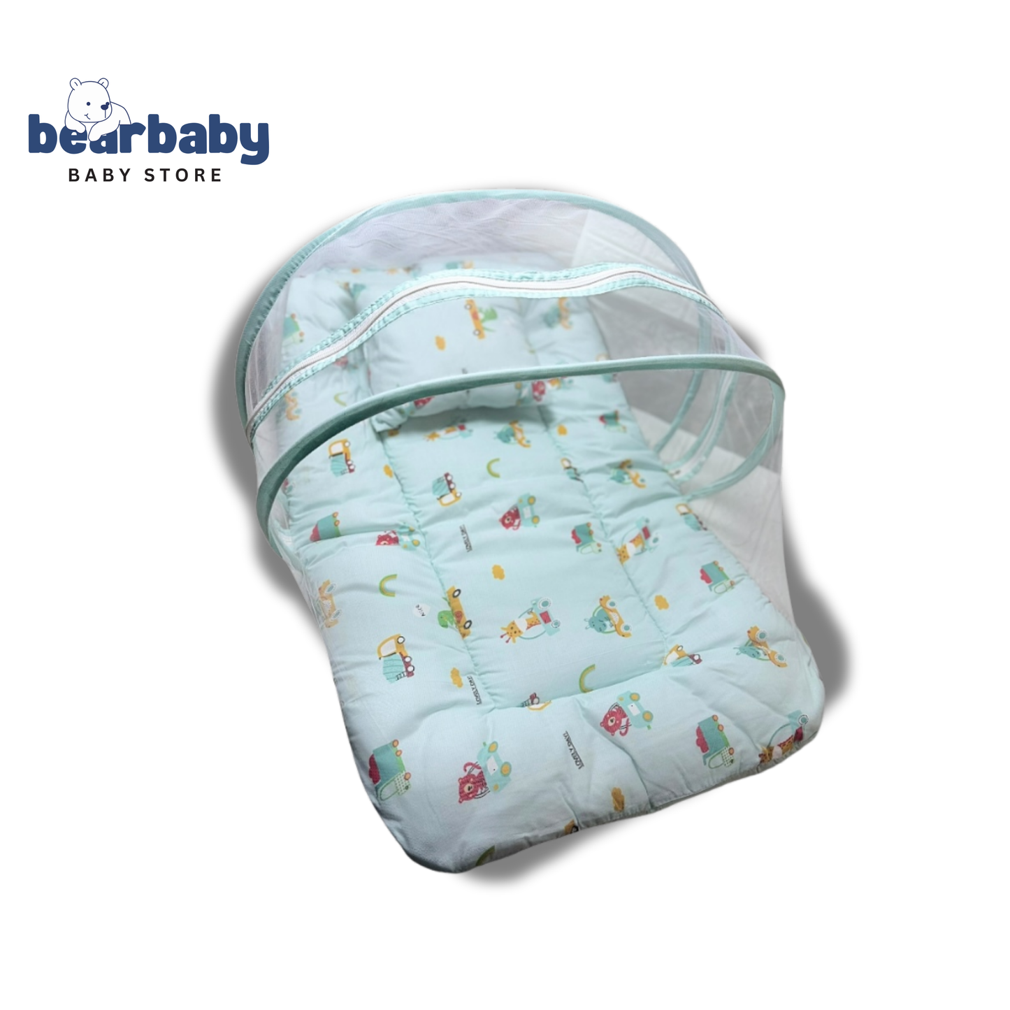 Baby Bed with Thick Mattress & Mosquito Net & Neck Pillowwith Zip Closure-Animal Print
