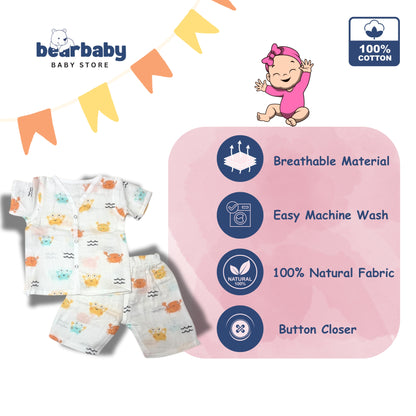 Baby Unisex Organic Cotton Muslin  Half Sleeves  Jhabla & Payjama Set - Size 6m-9m-Crab Print