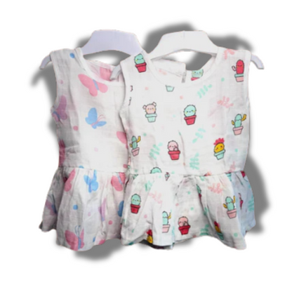 Baby Girl Organic Cotton Sleeveless Frock-Size(3M-6M)-Pack of 2-Assorted Prints 2