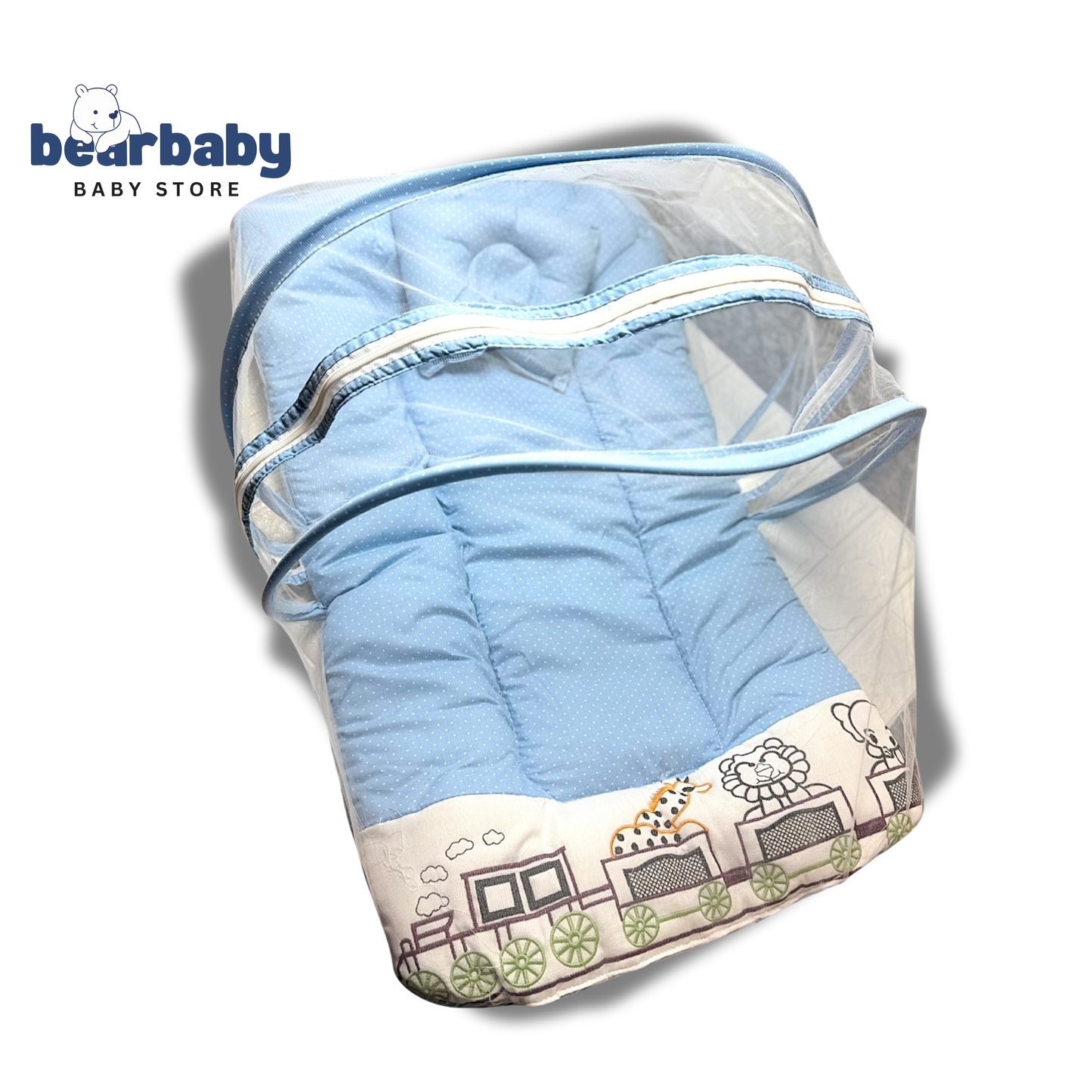Premium EmbroideryBaby Bed with Thick Mattress & Mosquito Net & Neck Pillowwith Zip Closure