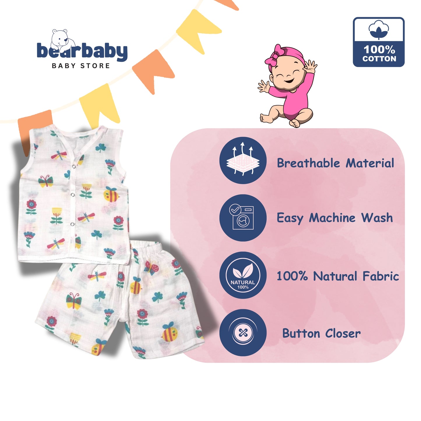 Baby Unisex Organic Cotton Muslin  Sleevless Jhabla & Payjama Set - Size 3m-6m- Bee Print
