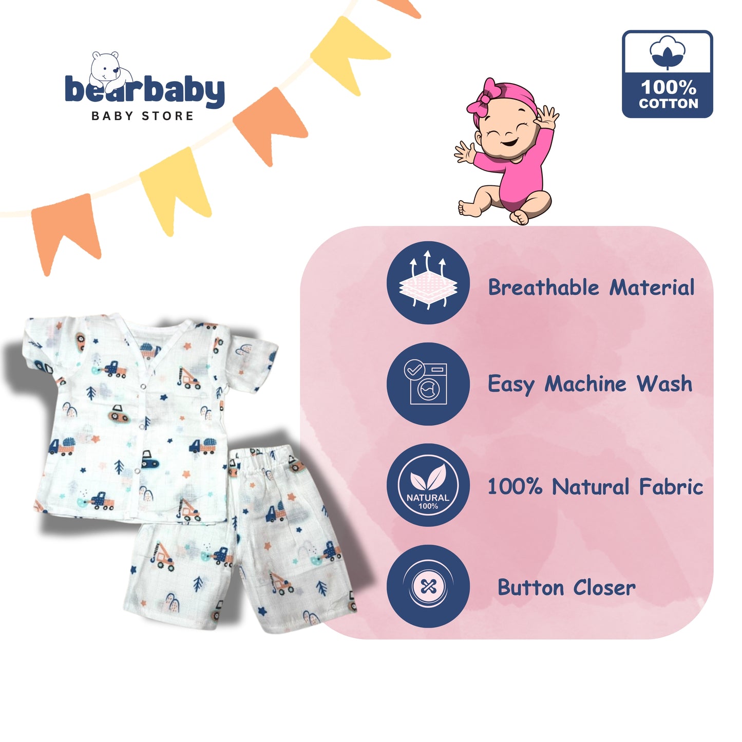 Baby Unisex Organic Cotton Muslin  Half Sleeves  Jhabla & Payjama Set - Size 6m-9m-Truck Print