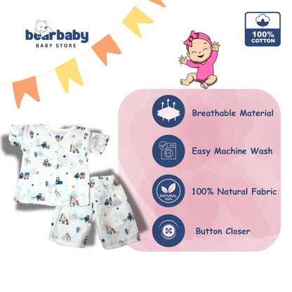 Baby Unisex Organic Cotton Muslin  Half Sleeves  Jhabla & Payjama Set - Size 6m-9m-Truck Print