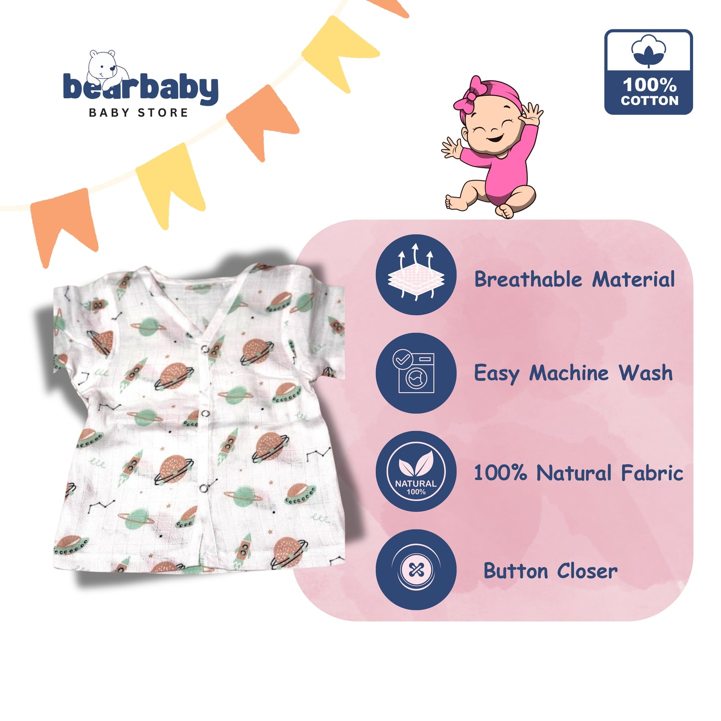 Baby Unisex Organic Cotton Muslin Full Sleeves Jhabla & Payjama Set - Size 6m-9m-Print2