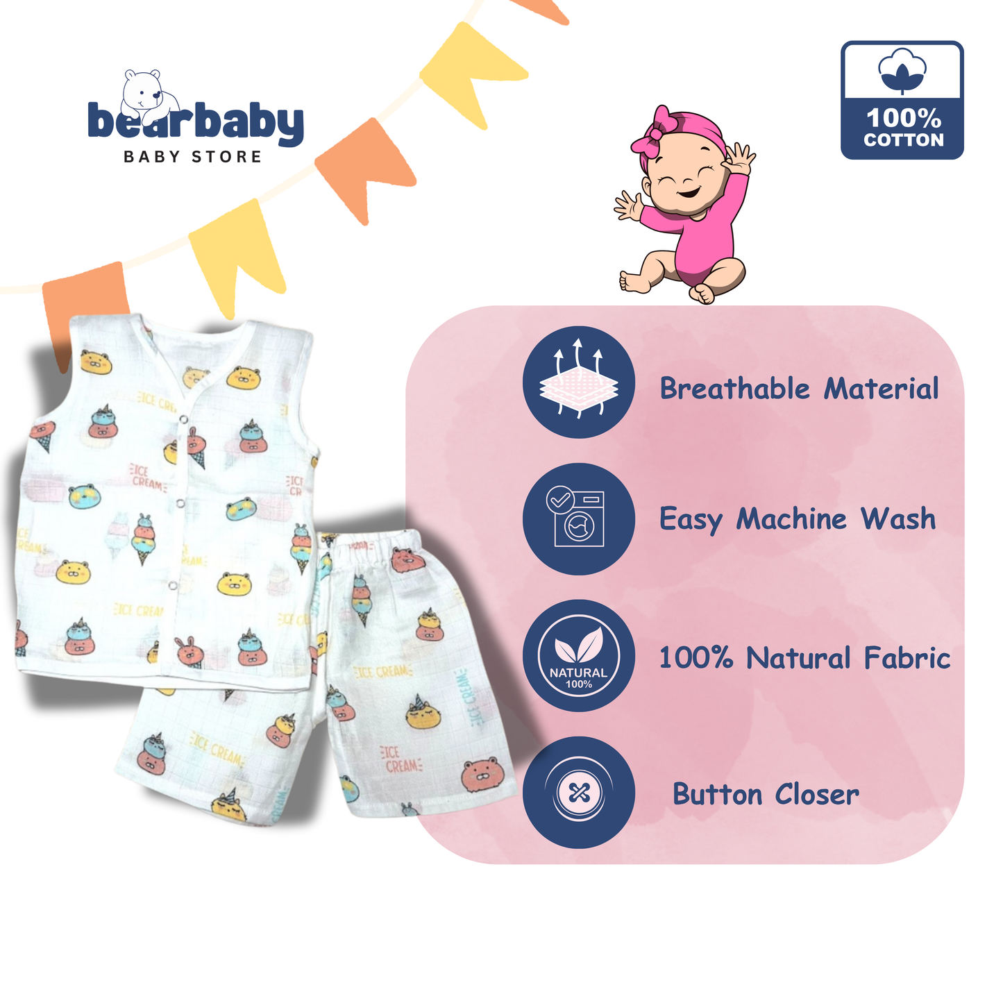 Baby Unisex Organic Cotton Muslin  Sleevless Jhabla & Payjama Set - Size 9m-12m-Ice Cream Print