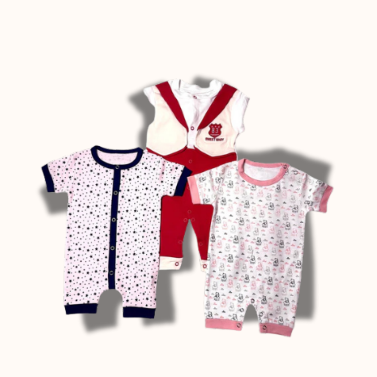 Baby Cotton Jumpsuit-UniSex 6m-9m-Combo Pack of 3-Assorted Prints 3