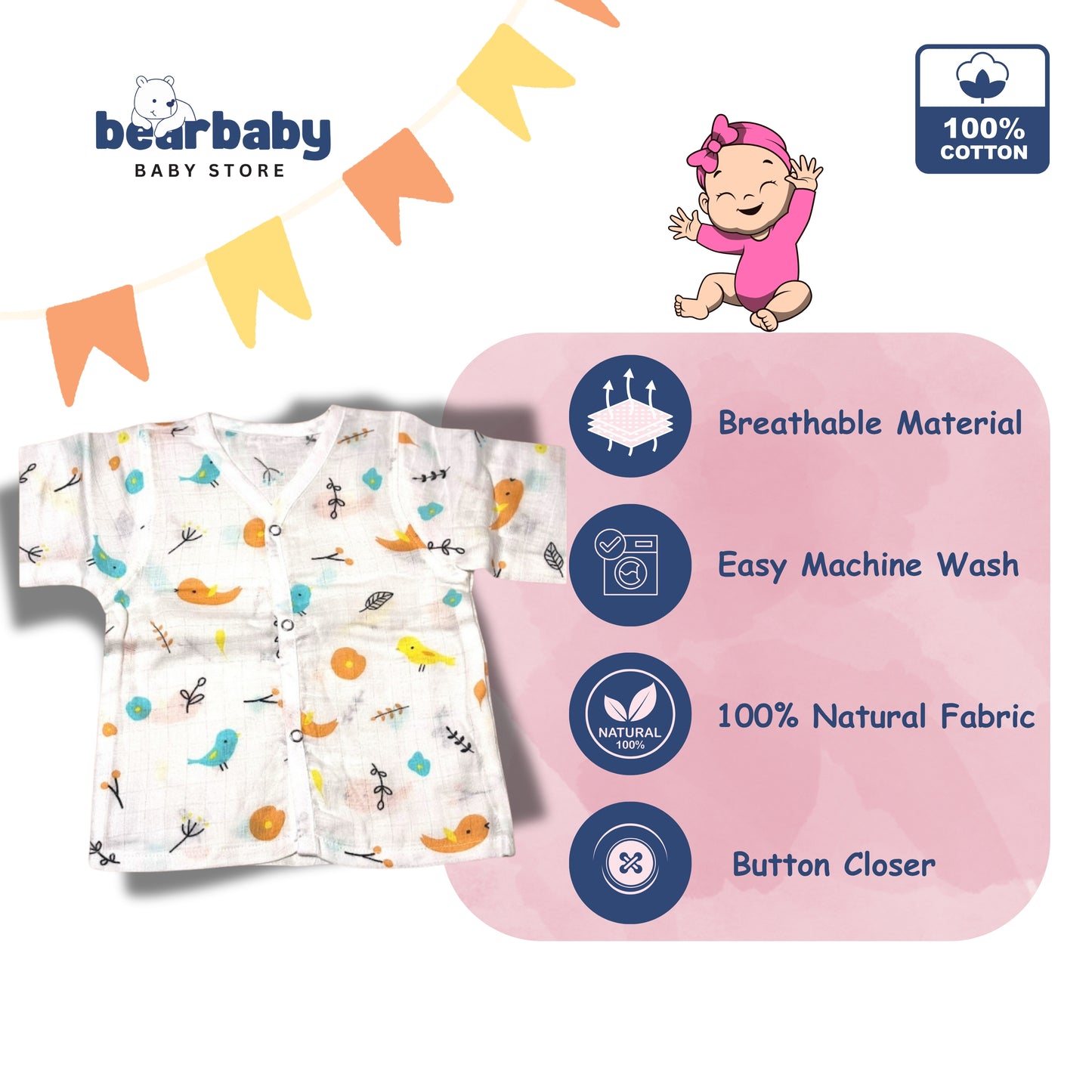 Baby Unisex Organic Cotton Muslin Full Sleeves Jhabla & Payjama Set - Size 9m-12m-Bird Print