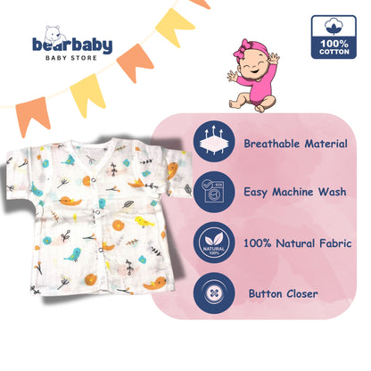 Baby Unisex Organic Cotton Muslin Full Sleeves Jhabla & Payjama Set - Size 9m-12m-Bird Print