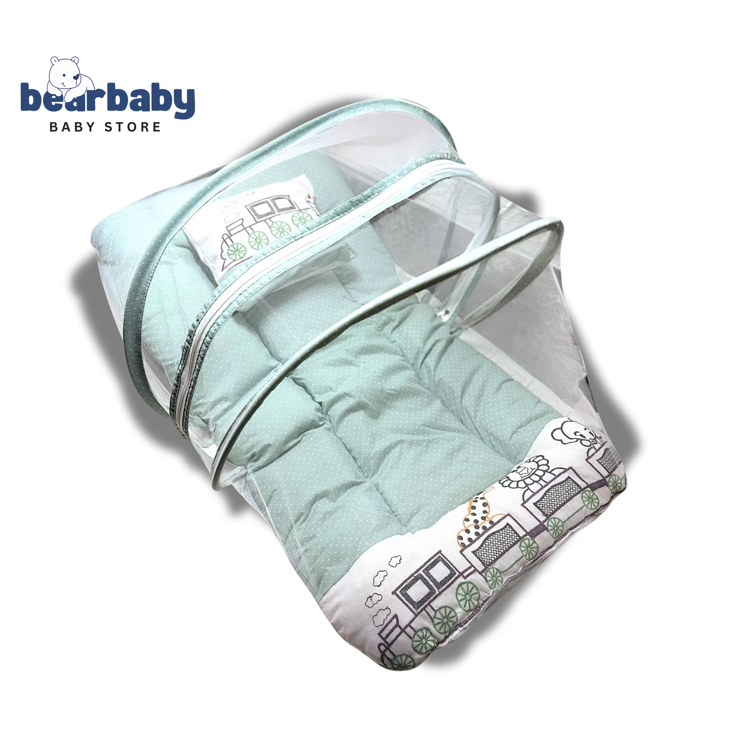 Premium EmbroideryBaby Bed with Thick Mattress & Mosquito Net & Neck Pillowwith Zip Closure