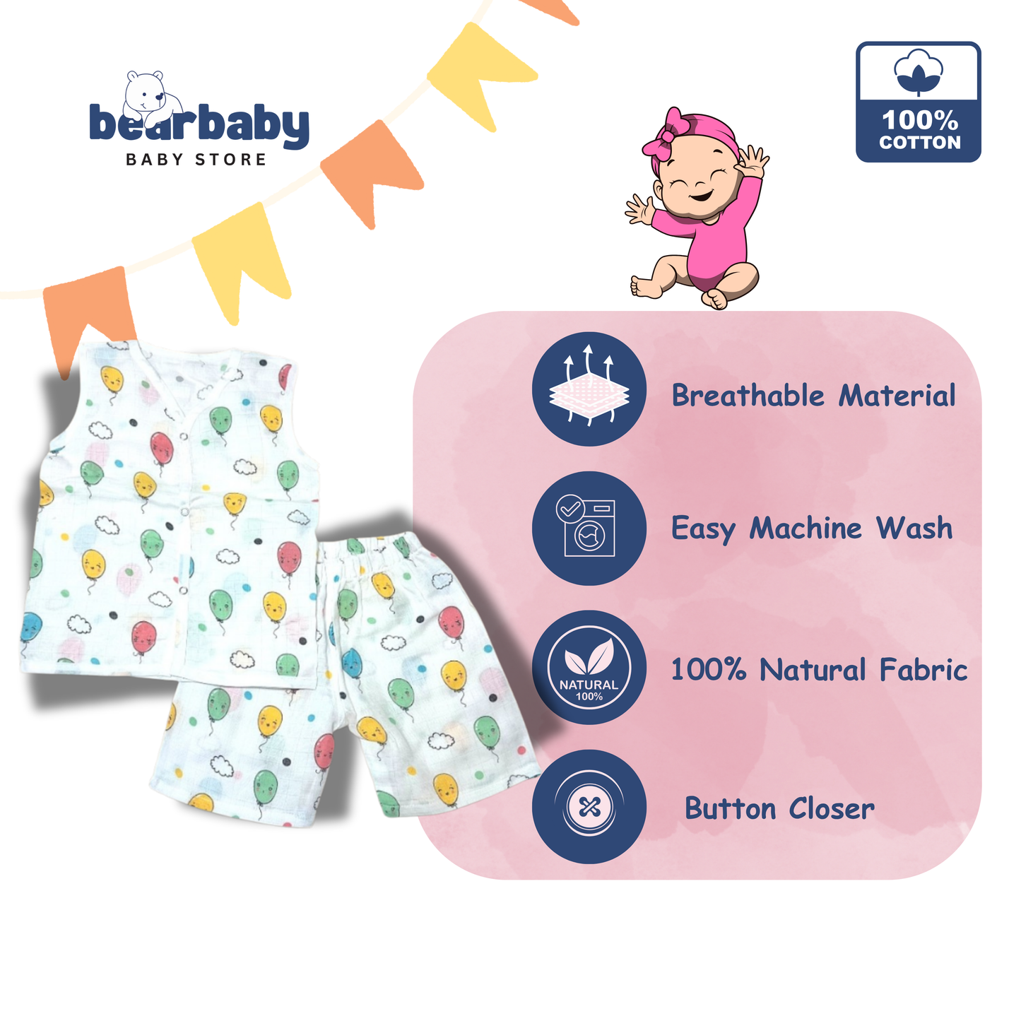 Baby Unisex Organic Cotton Muslin  Sleevless Jhabla & Payjama Set - Size 9m-12m-Balloon Print