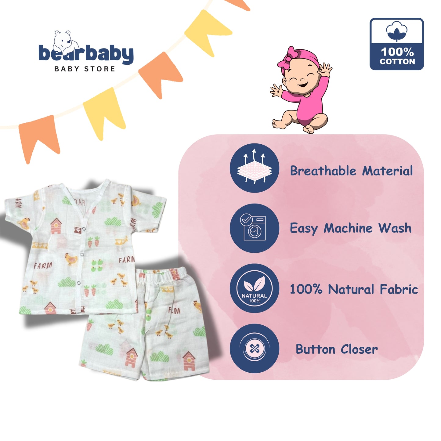 Baby Unisex Organic Cotton Muslin  Half Sleeves  Jhabla & Payjama Set - Size 6m-9m-Farm Print