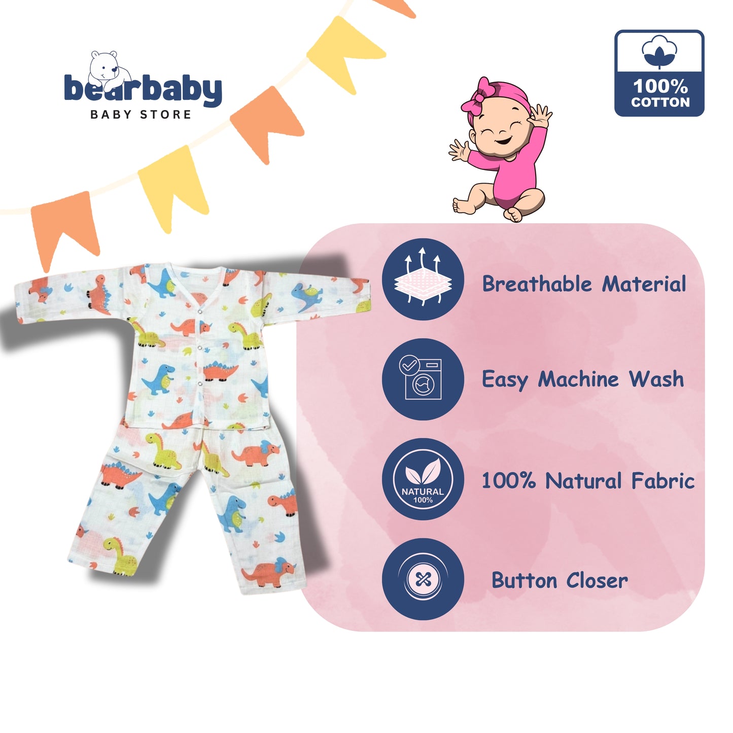 Baby Unisex Organic Cotton Muslin Full Sleeves Jhabla & Payjama Set - Size 9m-12m-Rino Print