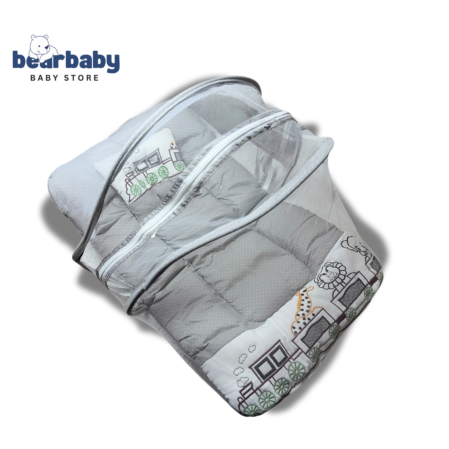 Premium EmbroideryBaby Bed with Thick Mattress & Mosquito Net & Neck Pillowwith Zip Closure