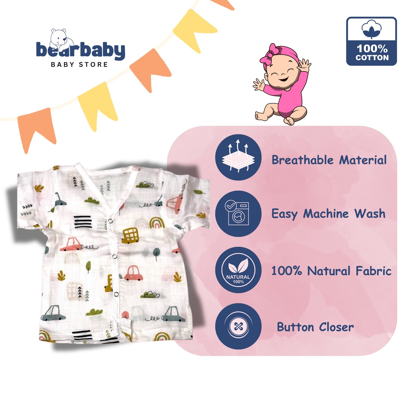 Baby Unisex Organic Cotton Muslin Full Sleeves Jhabla & Payjama Set - Size 6m-9m-Car Print