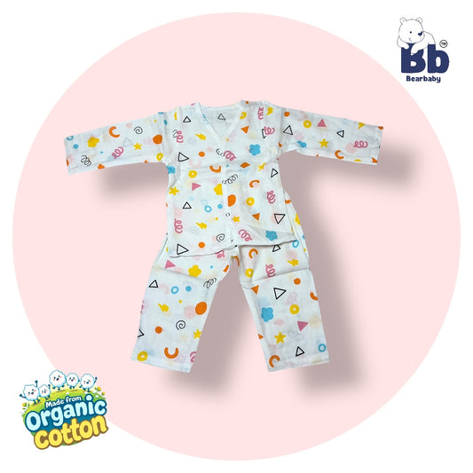 Baby Unisex Organic Cotton Muslin Full Sleeves Jhabla & Payjama Set - Size 9m-12m-Shape Pattern
