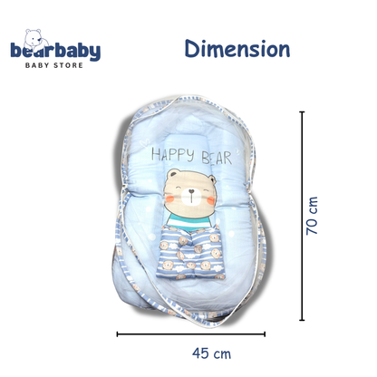 Baby Bed with Thick Mattress & Mosquito Net & Neck Pillowwith Zip Closure-Happy Bear