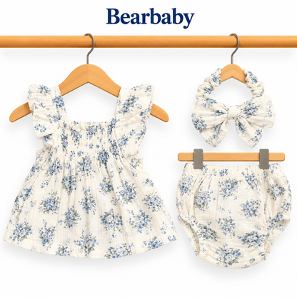 Bearbaby Baby Girl Floral Dress Set with Bloomer & Headband – 3 Piece Summer Outfit