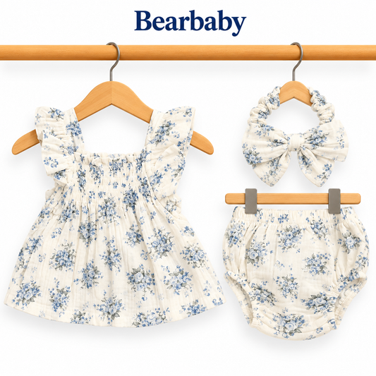 Bearbaby Baby Girl Floral Dress Set with Bloomer & Headband – 3 Piece Summer Outfit