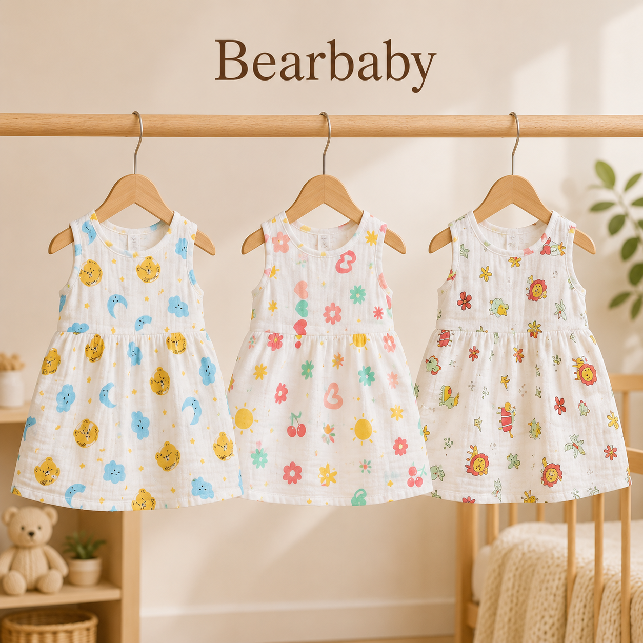 Bearbaby Newborn Baby Girl Frock Set with Soft Breathable Cotton Fabric and Colorful Printed Patterns