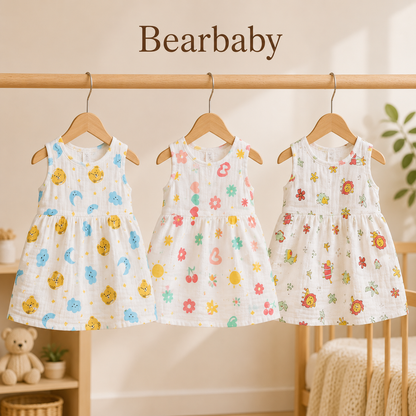 Bearbaby Newborn Baby Girl Frock Set with Soft Breathable Cotton Fabric and Colorful Printed Patterns