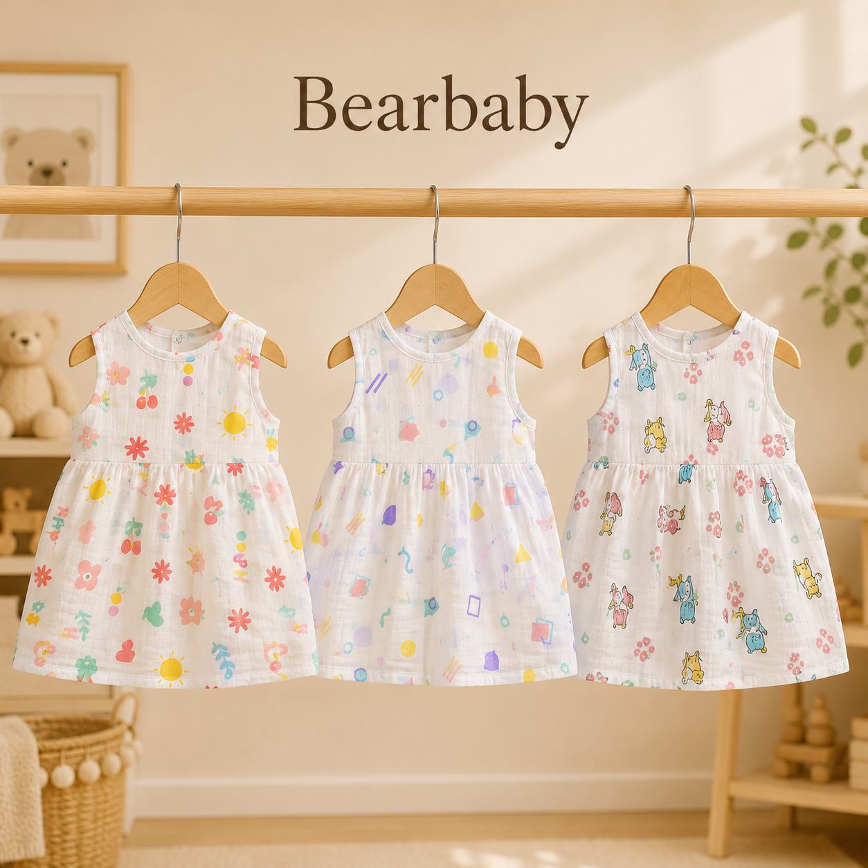 Pack of 3 Baby Girl Summer Dresses in Soft Cotton with Moon, Flowers and Cartoon Animal Prints